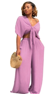 purple Plain High Waist Elastic Waist bandage Two-piece suit