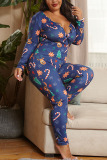 Navy Blue Sexy Living Knitting Print Buttons V Neck Skinny Jumpsuits