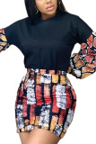 Black Sexy Polyester Print O Neck Long Sleeve Lantern Sleeve Short Two Pieces