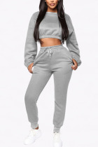 Grey Casual Two Piece Suits Patchwork Solid Straight Long Sleeve Two-piece Pants Set