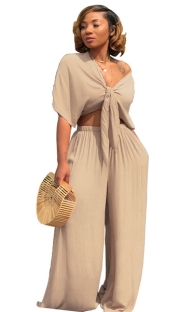 Apricot Plain High Waist Elastic Waist bandage Two-piece suit