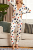 White Sexy Living Knitting Character Print Buttons V Neck Skinny Jumpsuits