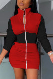 Red Sexy Daily Polyester Twilled Satin Patchwork Solid Split Joint Basic O Neck Long Sleeve Mini Pencil Skirt Dresses