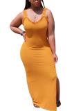Yellow Fashion adult Ma'am Sweet Pink Orange Cyan Spaghetti Strap Sleeveless V Neck Step Skirt Floor-Length Solid Dresses