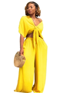 Yellow Plain High Waist Elastic Waist bandage Two-piece suit