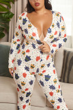 White Sexy Living Knitting Character Print Buttons V Neck Skinny Jumpsuits