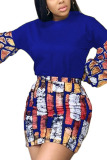 Blue Sexy Polyester Print O Neck Long Sleeve Lantern Sleeve Short Two Pieces