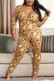 Yellow Sexy Living Knitting Character Print Buttons V Neck Skinny Jumpsuits