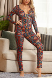 multicolor Sexy Living Knitting National Totem Print Buttons U Neck Skinny Jumpsuits