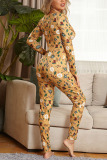 Yellow Sexy Living Knitting Character Print Buttons V Neck Skinny Jumpsuits