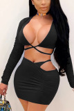 Black Sexy Solid Patchwork V Neck Short Two Pieces