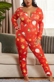 Red Sexy Living Knitting Character Print Buttons U Neck Skinny Jumpsuits
