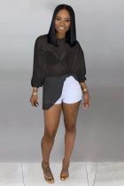 Black Polyester O Neck Long Sleeve HOLLOWED OUT perspective Mesh  Long Sleeve Tops