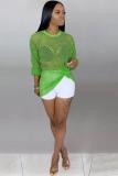 White Polyester O Neck Long Sleeve HOLLOWED OUT perspective Mesh  Long Sleeve Tops