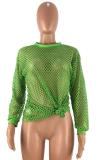 Black Polyester O Neck Long Sleeve HOLLOWED OUT perspective Mesh  Long Sleeve Tops