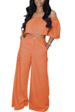 Orange Fashion Casual Adult Polyester Solid Split Joint Bateau Neck Half Sleeve Off The Shoulder Short Two Pieces