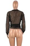 White Polyester O Neck Long Sleeve HOLLOWED OUT perspective Mesh  Long Sleeve Tops