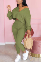 Army Green Fashion Patchwork Solid Asymmetrical V Neck Long Sleeve Two Pieces
