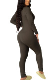 Khaki Fashion Sexy Adult Polyester Solid Buttons V Neck Skinny Jumpsuits