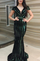 Black Sexy Party Elegant Polyester Sequined Solid Sequins Bead tube V Neck Short Sleeve Floor Length A Line Dresses