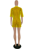 Yellow O Neck Half Sleeve lace Sequin Mesh Blouses & Shirts