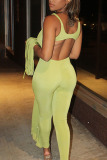 Fluorescent green Sexy Polyester Solid Split Joint Spaghetti Strap Long Sleeve Two Pieces