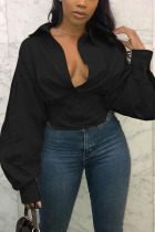 Black Fashion Sexy Adult Solid Split Joint Turndown Collar Tops