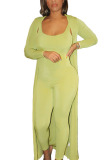 Fluorescent green Sexy Polyester Solid Split Joint Spaghetti Strap Long Sleeve Two Pieces