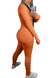 Orange Fashion Casual Adult Solid Fold O Neck Skinny Jumpsuits