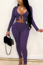 purple Street Polyester Solid Hollowed Out See-through U Neck Long Sleeve Short Two Pieces