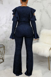 Blue Fashion Sexy Adult Nylon Solid Patchwork O Neck Skinny Jumpsuits