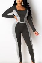 Black Sportswear Polyester Twilled Satin Solid Split Joint U Neck Long Sleeve Short Two Pieces