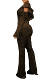 Gold Fashion Sexy Adult Nylon Solid Patchwork O Neck Skinny Jumpsuits