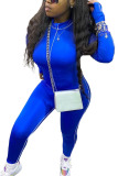 Blue Fashion Casual Adult Polyester Solid Split Joint O Neck Skinny Jumpsuits