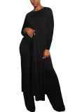 Black Fashion British Style Adult Solid Slit O Neck Long Sleeve Regular Sleeve Long Two Pieces
