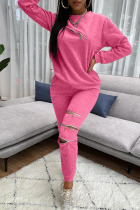 Pink Fashion Casual Adult Solid Split Joint O Neck Long Sleeve Regular Sleeve Regular Two Pieces