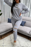 Grey Fashion Casual Adult Solid Split Joint O Neck Long Sleeve Regular Sleeve Regular Two Pieces