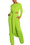 Green Fashion British Style Adult Solid Slit O Neck Long Sleeve Regular Sleeve Long Two Pieces