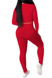 Red Fashion Sexy Adult Solid Patchwork O Neck Long Sleeve Regular Sleeve Regular Two Pieces