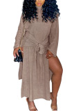 Grey Fashion Casual Adult Polyester Solid High Opening O Neck Long Sleeve Ankle Length Long Sleeve Dress Dresses