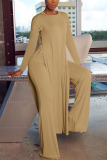 Yellow Fashion British Style Adult Solid Slit O Neck Long Sleeve Regular Sleeve Long Two Pieces