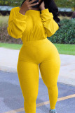 Yellow Fashion Casual Adult Solid O Neck Skinny Jumpsuits
