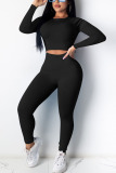 Black Fashion Sexy Adult Solid Patchwork O Neck Long Sleeve Regular Sleeve Regular Two Pieces