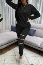 Black Fashion Casual Adult Solid Split Joint O Neck Long Sleeve Regular Sleeve Regular Two Pieces