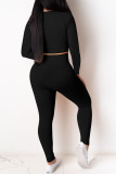 Black Fashion Sexy Adult Solid Patchwork O Neck Long Sleeve Regular Sleeve Regular Two Pieces