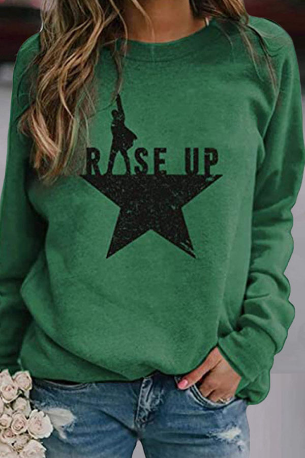 Green Casual Street Letter Print The stars Pullovers Basic O Neck Tops
