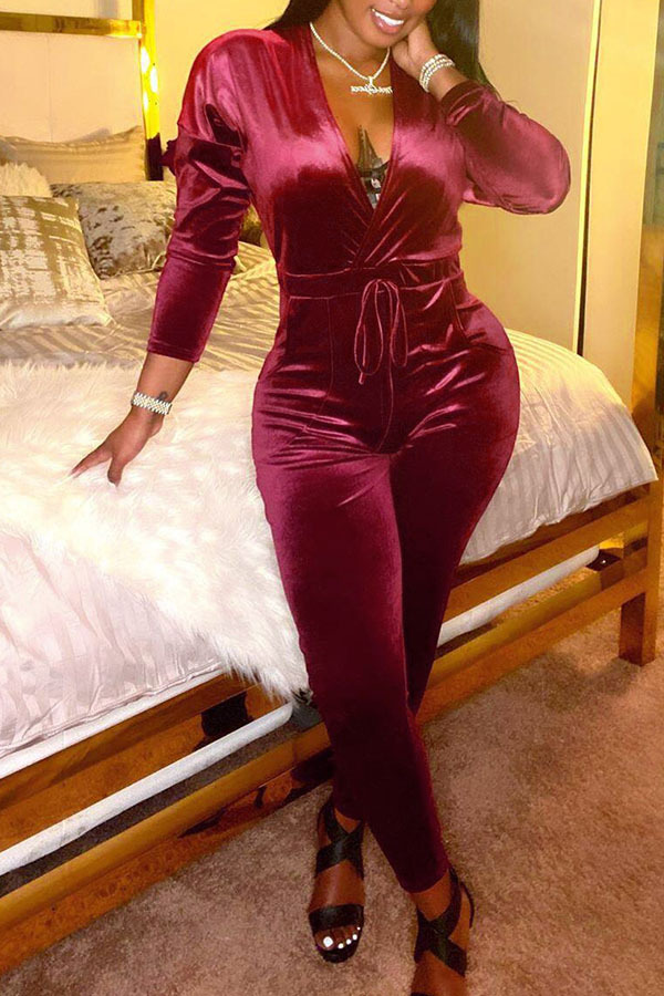 Wine Red Fashion Sexy Adult Flocking Solid Draw String V Neck Skinny Jumpsuits