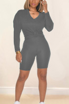 Grey Casual Sportswear Cotton Solid V Neck Long Sleeve Regular Sleeve Regular Two Pieces