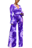 purple Fashion Casual Adult Print Tie-dye V Neck Long Sleeve Ruffle Sleeve Regular Two Pieces