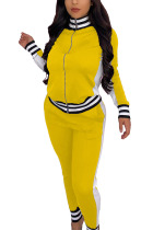 Yellow Casual Sportswear Polyester Spandex Cotton Blends Patchwork Solid Split Joint Pants Zipper Collar Long Sleeve Regular Sleeve Regular Two Pieces